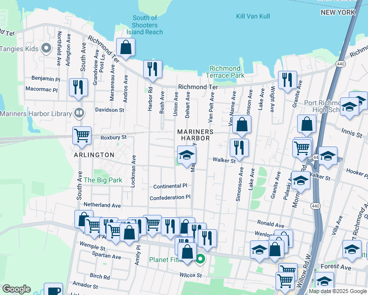 map of restaurants, bars, coffee shops, grocery stores, and more near 121 Dehart Avenue in Staten Island