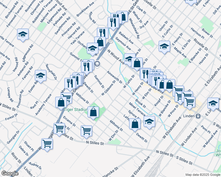 map of restaurants, bars, coffee shops, grocery stores, and more near 116 West Gibbons Street in Linden