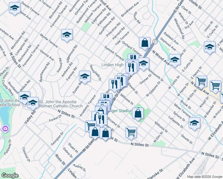 map of restaurants, bars, coffee shops, grocery stores, and more near 350 West Saint Georges Avenue in Linden