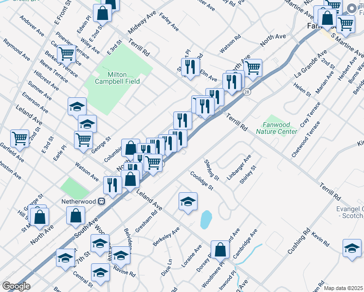 map of restaurants, bars, coffee shops, grocery stores, and more near 1345 South Avenue in Plainfield