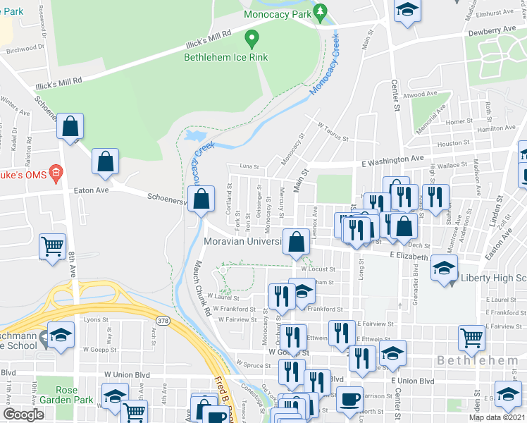 map of restaurants, bars, coffee shops, grocery stores, and more near 1447 Geissinger Street in Bethlehem