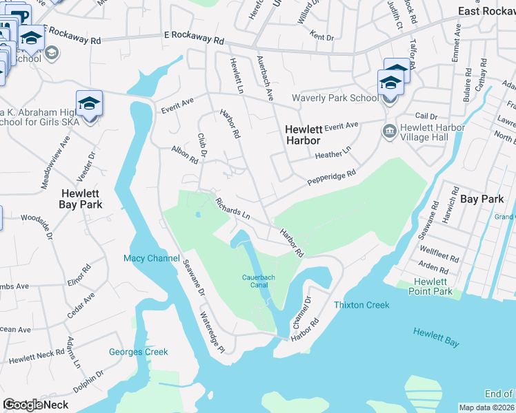map of restaurants, bars, coffee shops, grocery stores, and more near 1308 Harbor Road in Hewlett