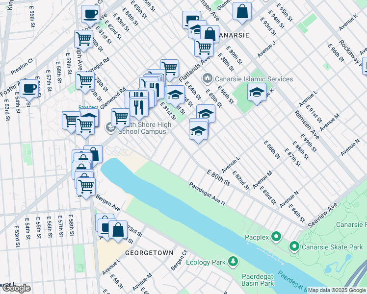map of restaurants, bars, coffee shops, grocery stores, and more near E 80th St & Paerdegat 3rd St in Brooklyn