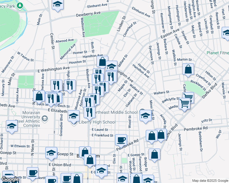map of restaurants, bars, coffee shops, grocery stores, and more near 1519 Easton Avenue in Bethlehem