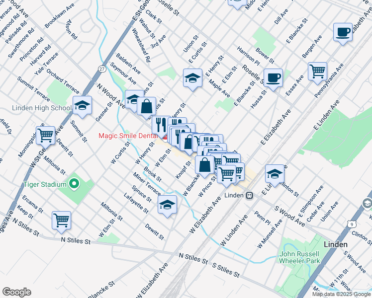 map of restaurants, bars, coffee shops, grocery stores, and more near 38 East Elm Street in Linden