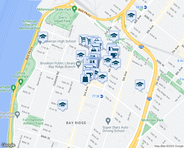 map of restaurants, bars, coffee shops, grocery stores, and more near 303 73rd Street in Brooklyn