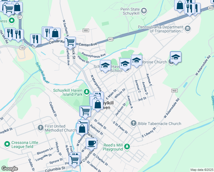 map of restaurants, bars, coffee shops, grocery stores, and more near 38 Haven Street in Schuylkill Haven