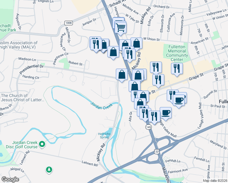 map of restaurants, bars, coffee shops, grocery stores, and more near 900 Mickley Road in Fullerton