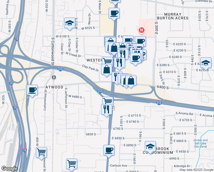 map of restaurants, bars, coffee shops, grocery stores, and more near 6363 Clay Park Drive in Murray