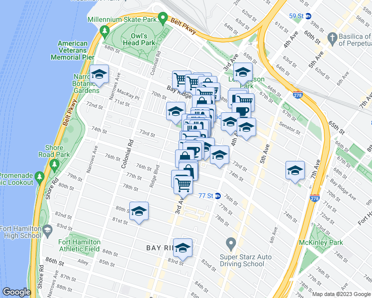 map of restaurants, bars, coffee shops, grocery stores, and more near 256 72nd Street in Brooklyn