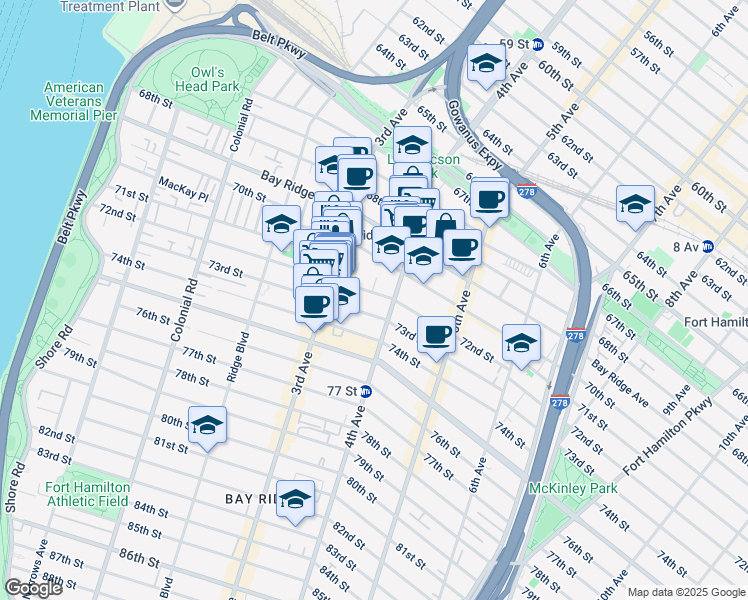 map of restaurants, bars, coffee shops, grocery stores, and more near 362 72nd Street in Brooklyn