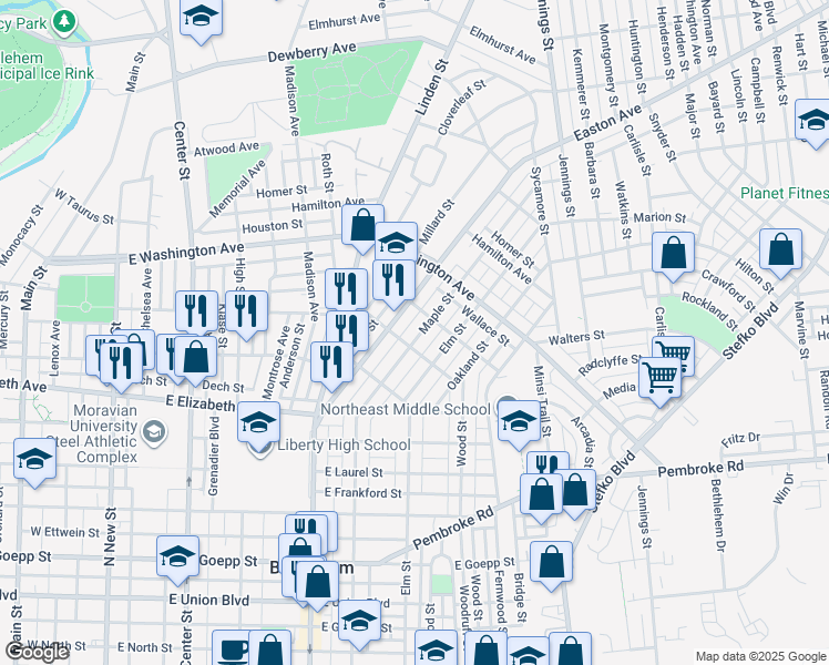 map of restaurants, bars, coffee shops, grocery stores, and more near 1539 Maple Street in Bethlehem
