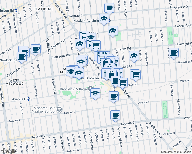 map of restaurants, bars, coffee shops, grocery stores, and more near 723 East 27th Street in Brooklyn