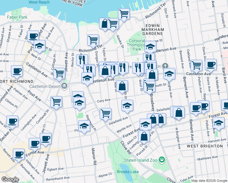 map of restaurants, bars, coffee shops, grocery stores, and more near 217 Taylor Street in Staten Island