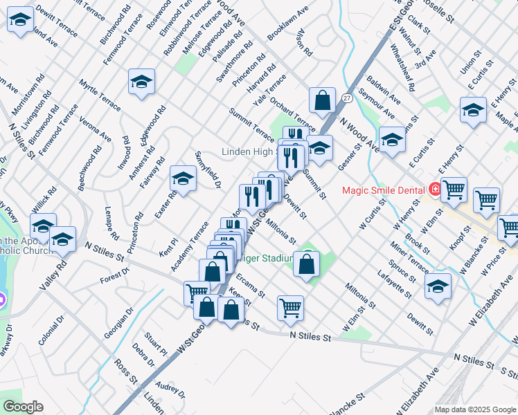 map of restaurants, bars, coffee shops, grocery stores, and more near 350 West Saint Georges Avenue in Linden