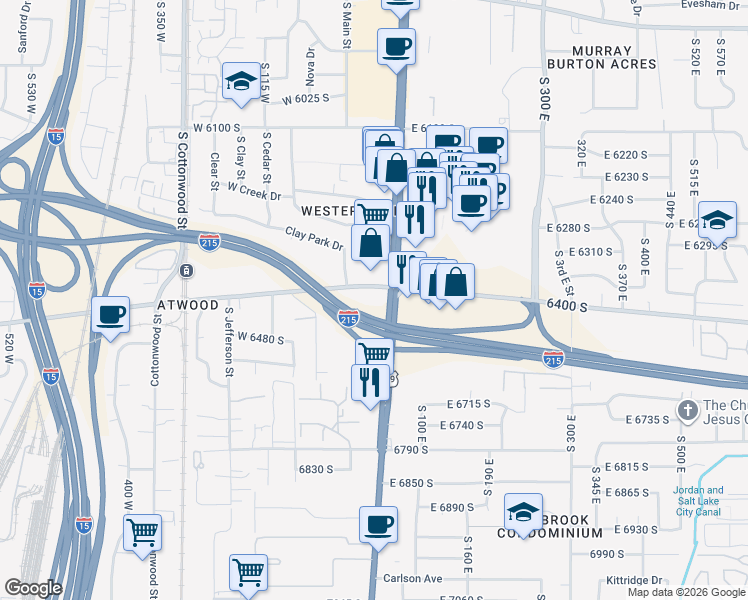 map of restaurants, bars, coffee shops, grocery stores, and more near 6363 Clay Park Drive in Murray