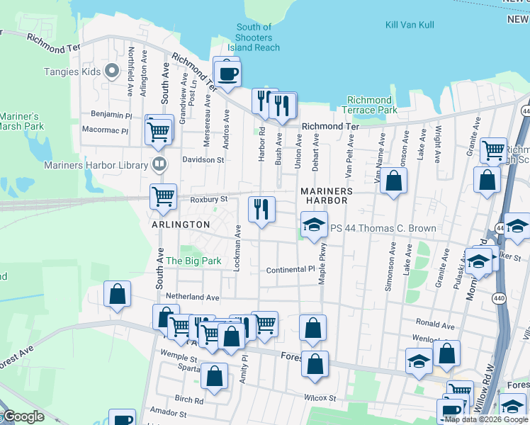 map of restaurants, bars, coffee shops, grocery stores, and more near 151 Harbor Road in Staten Island
