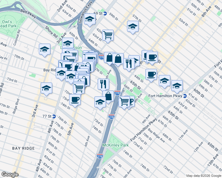 map of restaurants, bars, coffee shops, grocery stores, and more near 618 67th Street in Brooklyn