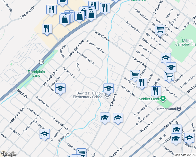 map of restaurants, bars, coffee shops, grocery stores, and more near 200 Mali Drive in North Plainfield