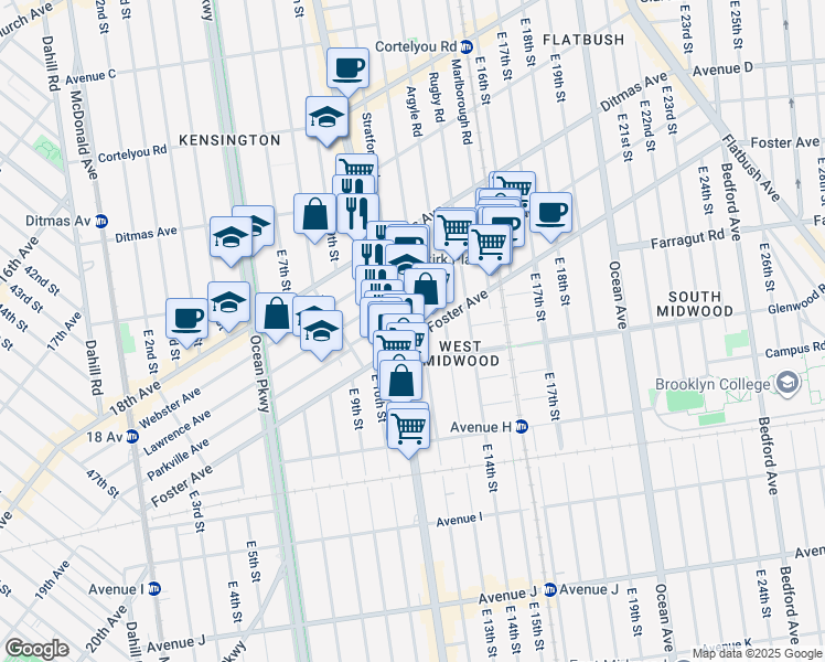 map of restaurants, bars, coffee shops, grocery stores, and more near 1119 Foster Avenue in Brooklyn