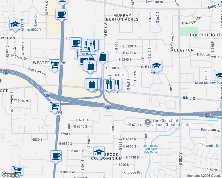 map of restaurants, bars, coffee shops, grocery stores, and more near 6348 South 300 East in Murray