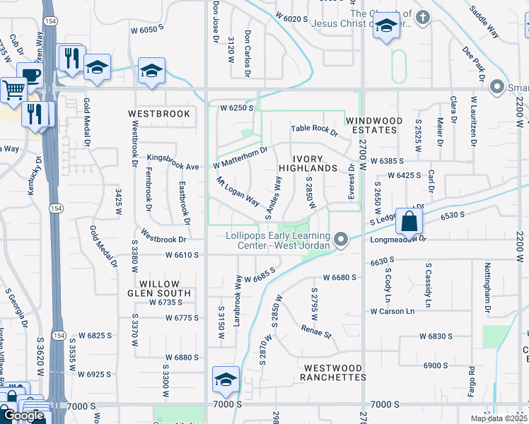 map of restaurants, bars, coffee shops, grocery stores, and more near 3034 Mount Logan Way in West Jordan