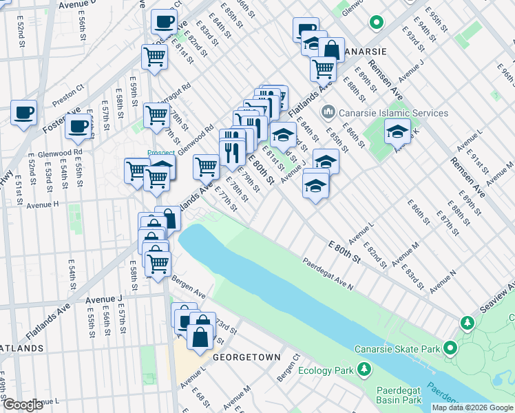 map of restaurants, bars, coffee shops, grocery stores, and more near 980 East 79th Street in Brooklyn