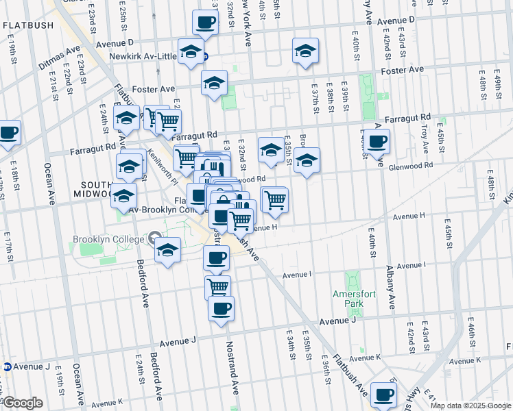 map of restaurants, bars, coffee shops, grocery stores, and more near 729 East 32nd Street in Brooklyn