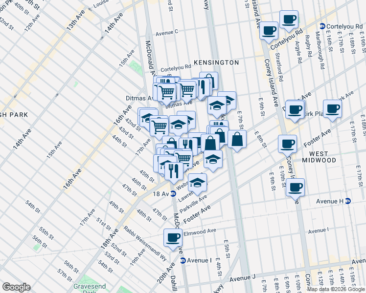 map of restaurants, bars, coffee shops, grocery stores, and more near 749 East 3rd Street in Brooklyn