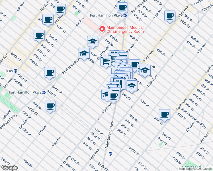 map of restaurants, bars, coffee shops, grocery stores, and more near 1215 54th Street in Brooklyn