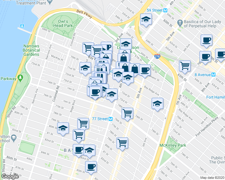 map of restaurants, bars, coffee shops, grocery stores, and more near 7112 Bennet Court in Brooklyn