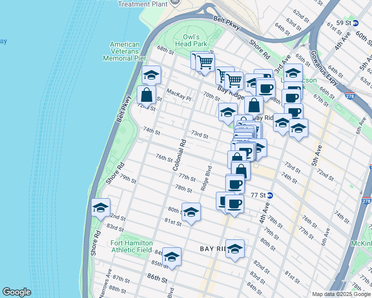 map of restaurants, bars, coffee shops, grocery stores, and more near 7302 Colonial Road in Brooklyn