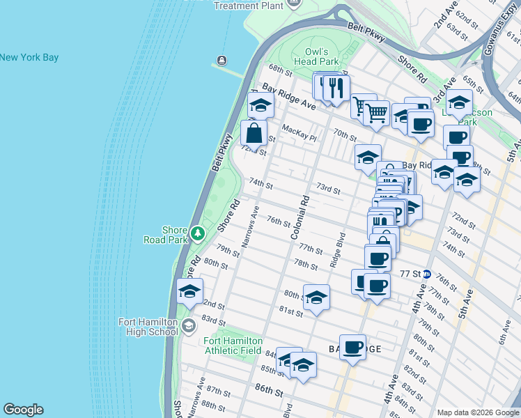 map of restaurants, bars, coffee shops, grocery stores, and more near 7423 Narrows Avenue in Brooklyn