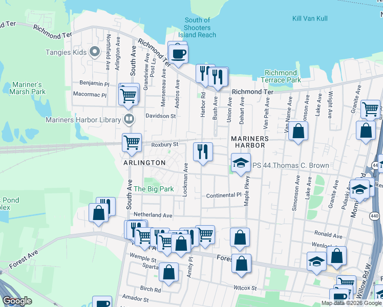 map of restaurants, bars, coffee shops, grocery stores, and more near 6 Roxbury Street in Staten Island