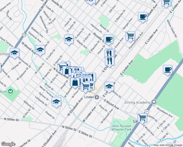 map of restaurants, bars, coffee shops, grocery stores, and more near 225 East Price Street in Linden