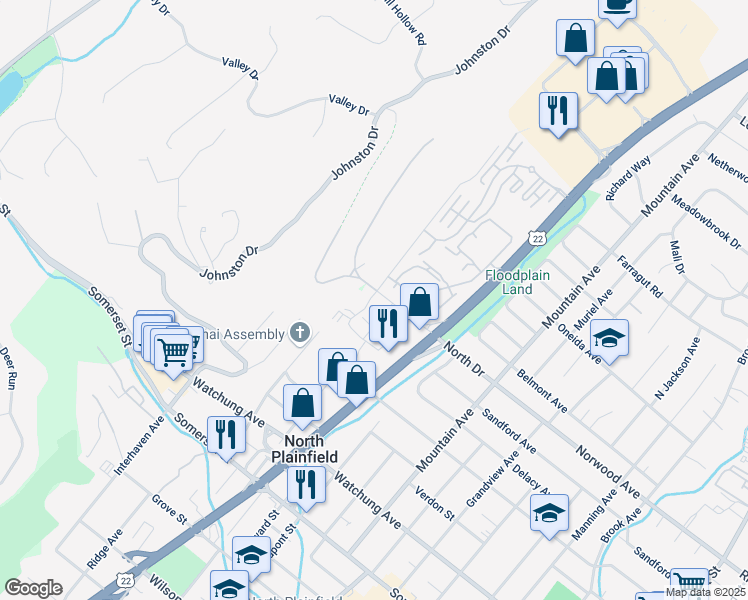 map of restaurants, bars, coffee shops, grocery stores, and more near 22 West Drive in Watchung