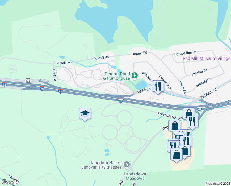 map of restaurants, bars, coffee shops, grocery stores, and more near 1 Hillside Court in Clinton