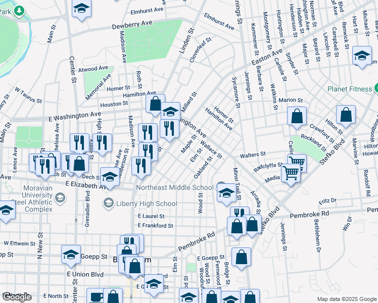 map of restaurants, bars, coffee shops, grocery stores, and more near 510 Hickory Street in Bethlehem