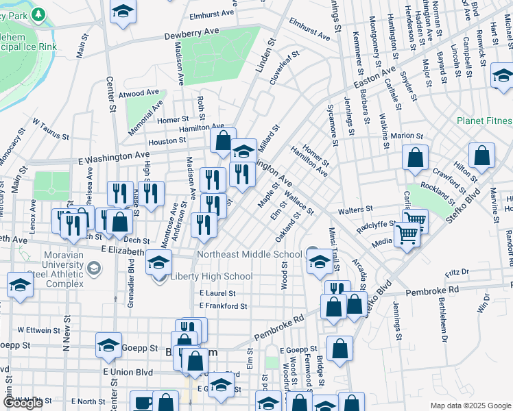 map of restaurants, bars, coffee shops, grocery stores, and more near 1539 Maple Street in Bethlehem