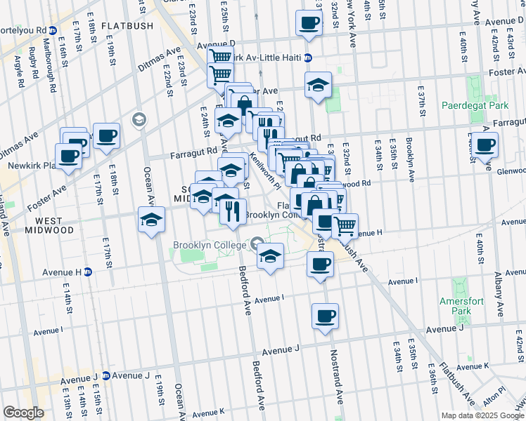 map of restaurants, bars, coffee shops, grocery stores, and more near 2620 Glenwood Road in Brooklyn