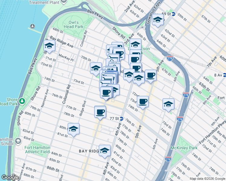 map of restaurants, bars, coffee shops, grocery stores, and more near 313 73rd Street in Brooklyn