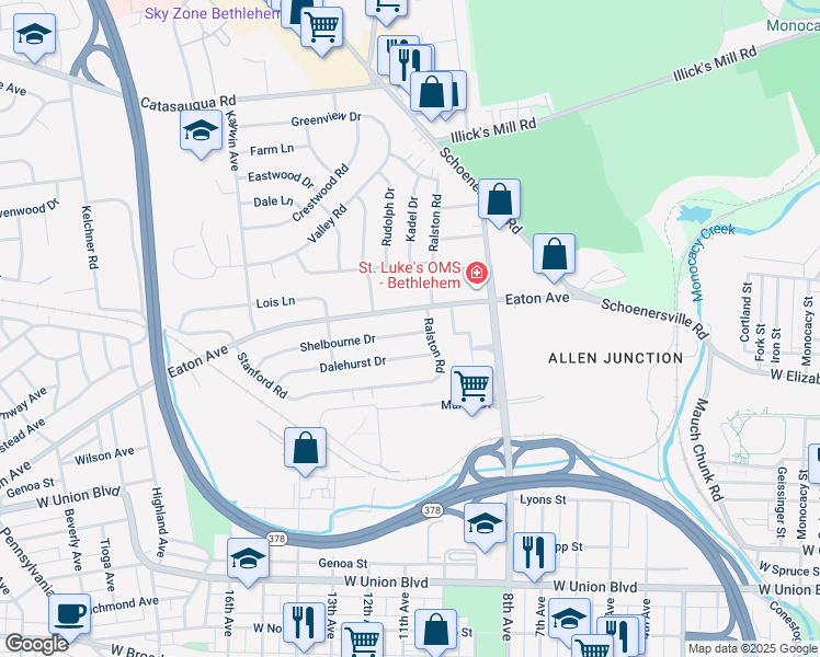 map of restaurants, bars, coffee shops, grocery stores, and more near 1220 Shelbourne Drive in Bethlehem