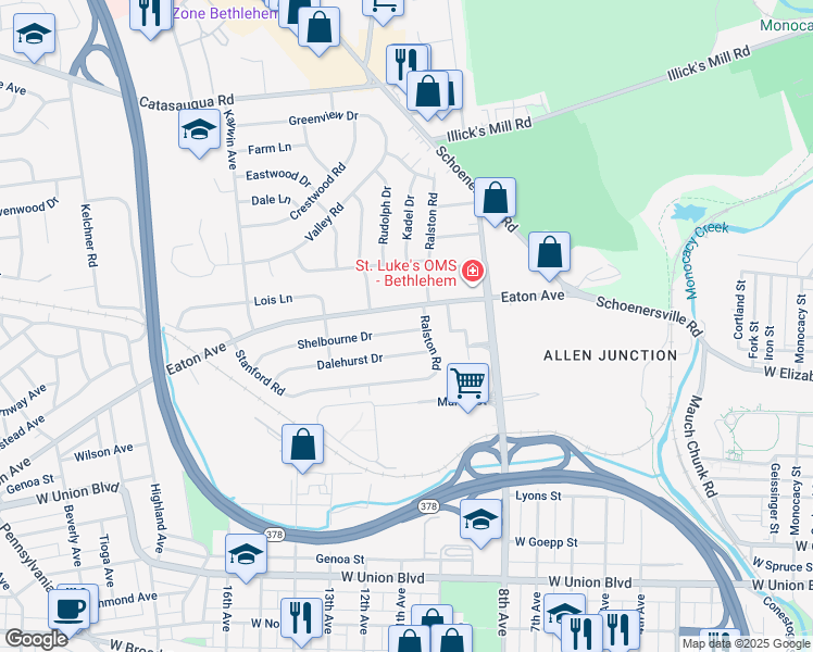 map of restaurants, bars, coffee shops, grocery stores, and more near 1220 Shelbourne Drive in Bethlehem