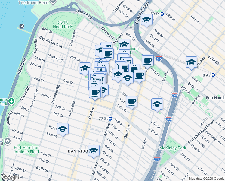 map of restaurants, bars, coffee shops, grocery stores, and more near 360 72nd Street in Brooklyn