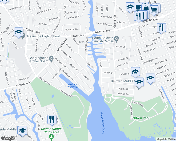 map of restaurants, bars, coffee shops, grocery stores, and more near 3489 Frederick Street in Oceanside