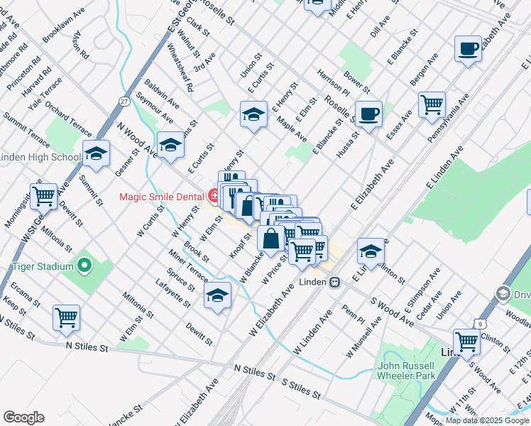 map of restaurants, bars, coffee shops, grocery stores, and more near 101 East Blancke Street in Linden