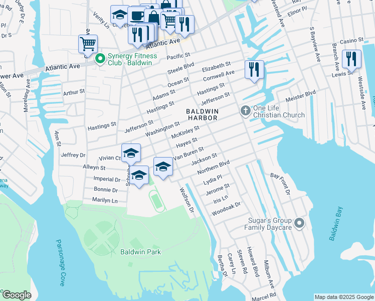 map of restaurants, bars, coffee shops, grocery stores, and more near 927 Hayes Street in Baldwin