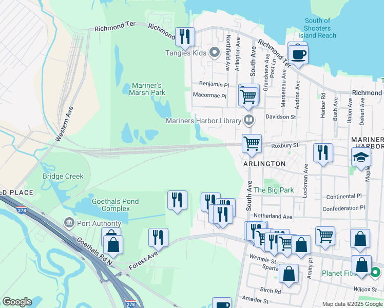map of restaurants, bars, coffee shops, grocery stores, and more near 1A Pond Way in Staten Island
