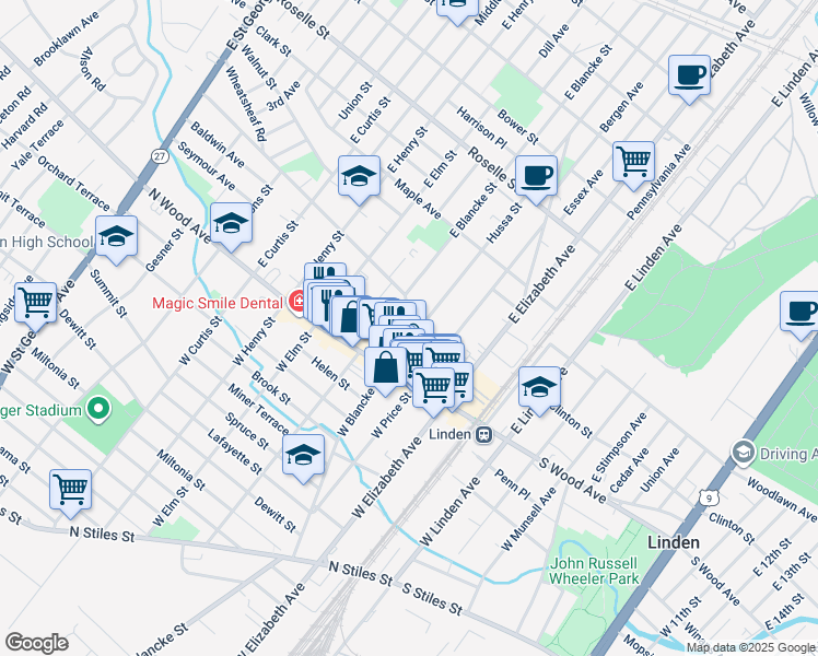 map of restaurants, bars, coffee shops, grocery stores, and more near 45 Hussa Street in Linden