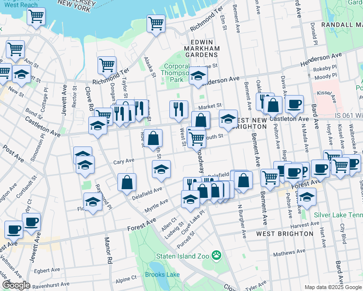 map of restaurants, bars, coffee shops, grocery stores, and more near 50 Wayne Street in Staten Island